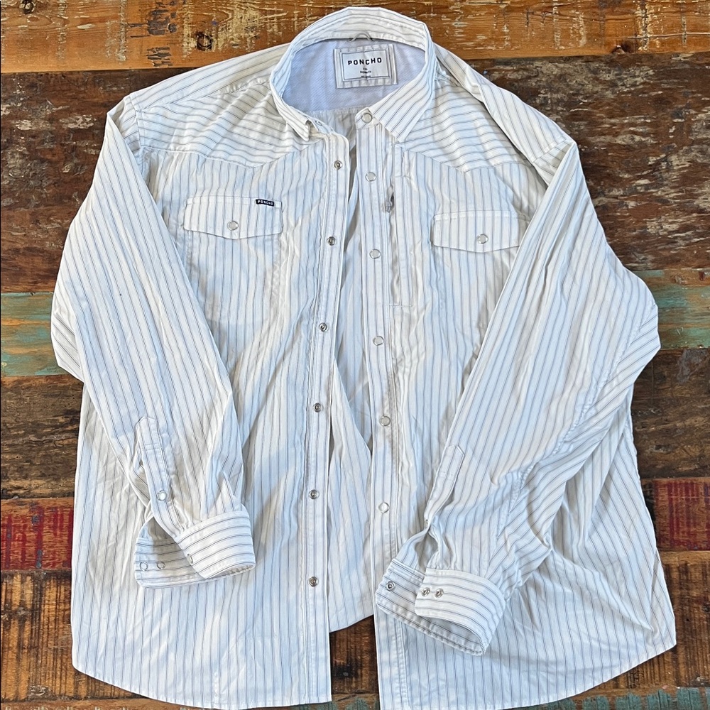 Poncho Men's White Striped Casual Button Down Shirt